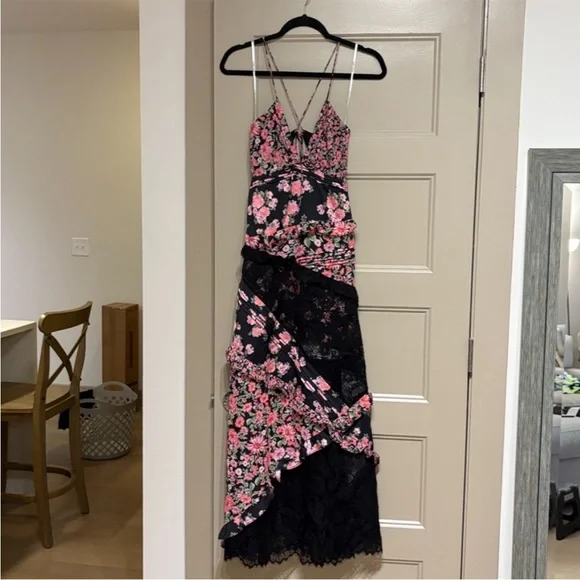 For Love & Lemons Rosalyn Maxi Dress Floral Lace Open Tie Back Black Pink Small - Picture 7 of 12
